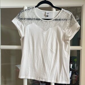 CAbi White Lace Detail Short Sleeve Top